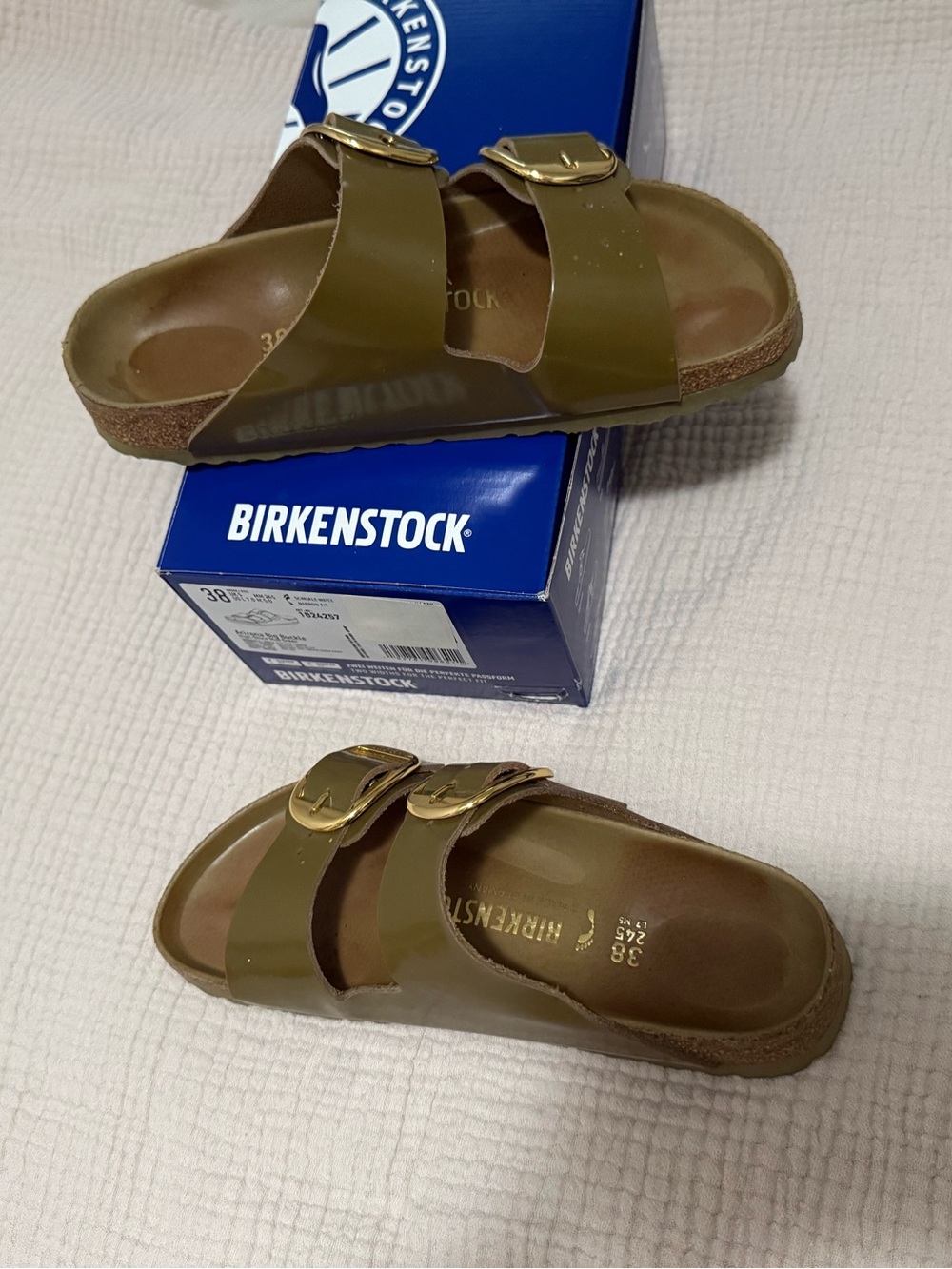 Birkenstock Arizona Women’s Big Buckle Slides Olive with Gold 8 8.5 38